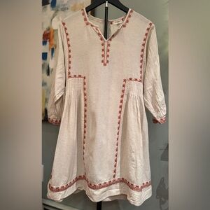 Ivory Cotton Linen Blend Dress  Embroidered Trim Size S/M World Market